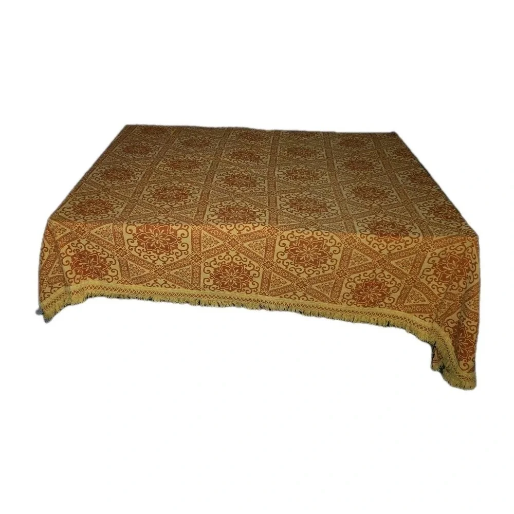READ VTG BATES Boho Twin Bedspread Fringed‎ MCM Red Yellow Mustard 70s Groovy